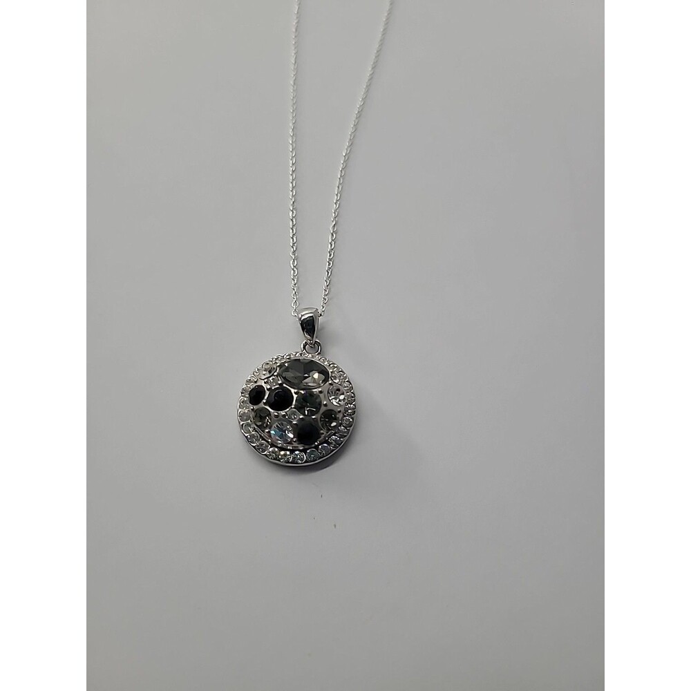 Vintage Silver Tone Black Clear Crystal Circular Pendant Chain Necklace 18 In - Picture 6 of 11